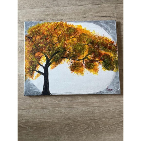 Acrylic Canvas Painting Lonely Autumn Yellow Green White‎ H x 16  W x 20 Inches